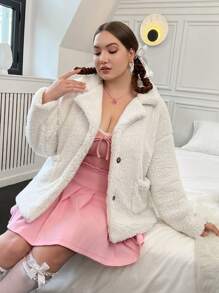 Flirla 加落肩口袋貼片泰迪熊大衣 - 米色 - 查看 3