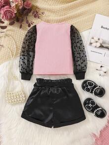 SHEIN 女嬰拼接波點網紗T恤&紙袋腰附腰帶短褲