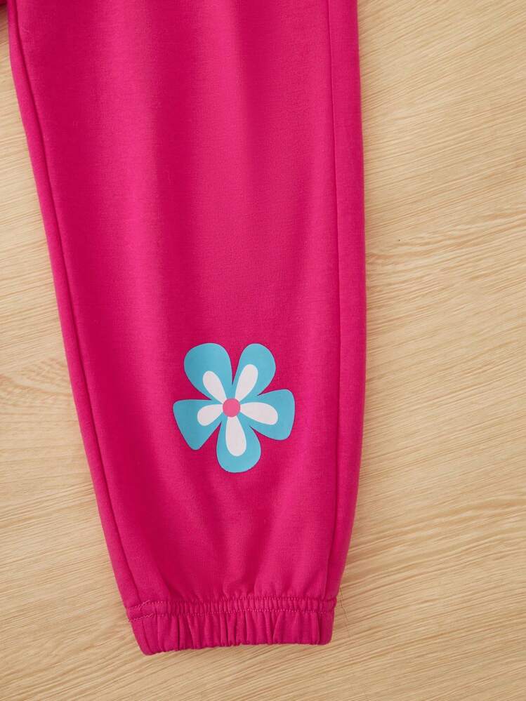 SHEIN Chica Joven Pantalones deportivos con camiseta con estampado floral con letra - Negro - Añade 4
