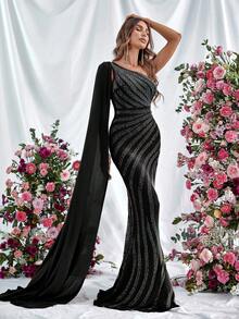 單肩超長袖魚尾裙下擺正式連衣裙 - 黑色 - 查看 5