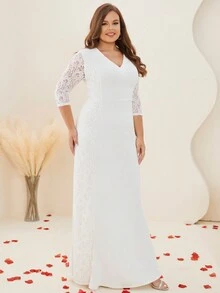 Plus Contrast Lace Zip Back Mermaid Wedding Dress - White - View 3