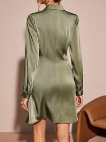 SHEIN Clasi Ruched Front Shirt Dress - Army Green - View 2