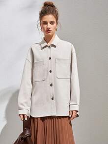 SHEIN Unity Drop Shoulder Pocket Patched Button Front Suedette Shirt - Beige - View 3