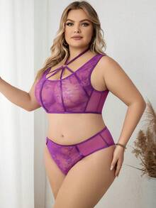 Talla grande Set de lencería con encaje floral - Morado - Ver 3