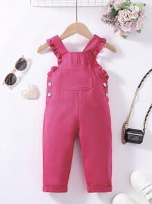 女嬰褶邊口袋貼布牛仔背帶褲 - 玫紅色 - 查看 1