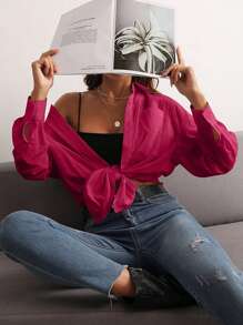 SHEIN LUNE 落肩口袋贴布衬衫 - 玫紅色 - 查看 4