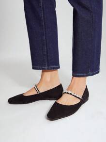 MOTF PREMIUM Giày búp bê vuông quai ngọc trai giả, giày đi nghỉ mát, giày mùa hè cho dịp Giáng sinh. - màu đen - Xem 2