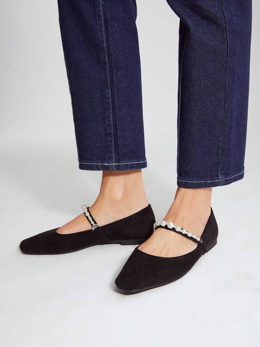 MOTF PREMIUM Giày búp bê vuông quai ngọc trai giả, giày đi nghỉ mát, giày mùa hè cho dịp Giáng sinh. - màu đen - Xem 2