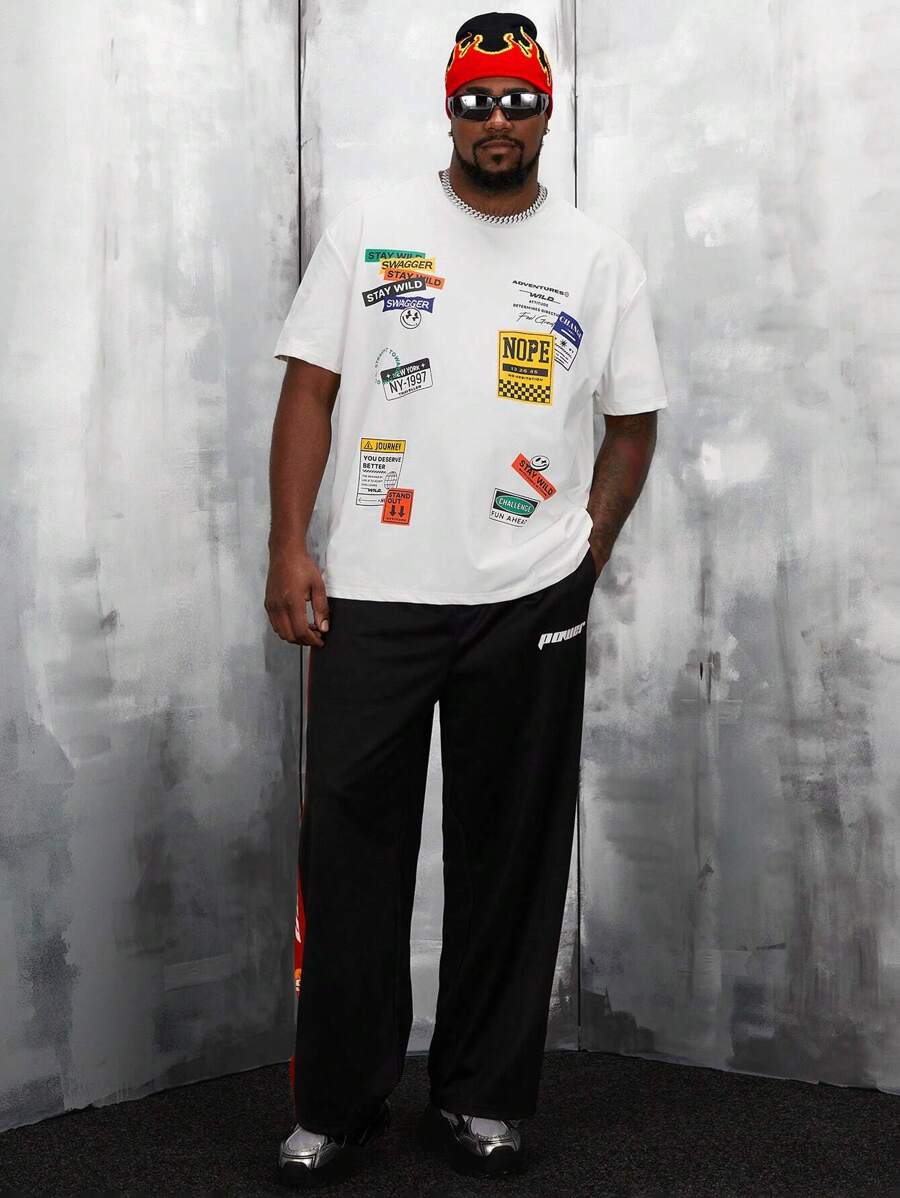 Manfinity VCAY Men Plus Letter Graphic Contrast Side Seam Pants - Black - View 1