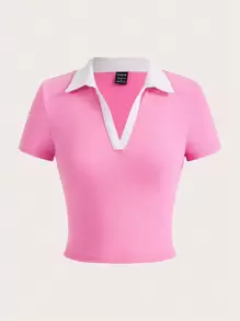 SHEIN EZwear Contrast Collar Crop Tee - Pink - View 1