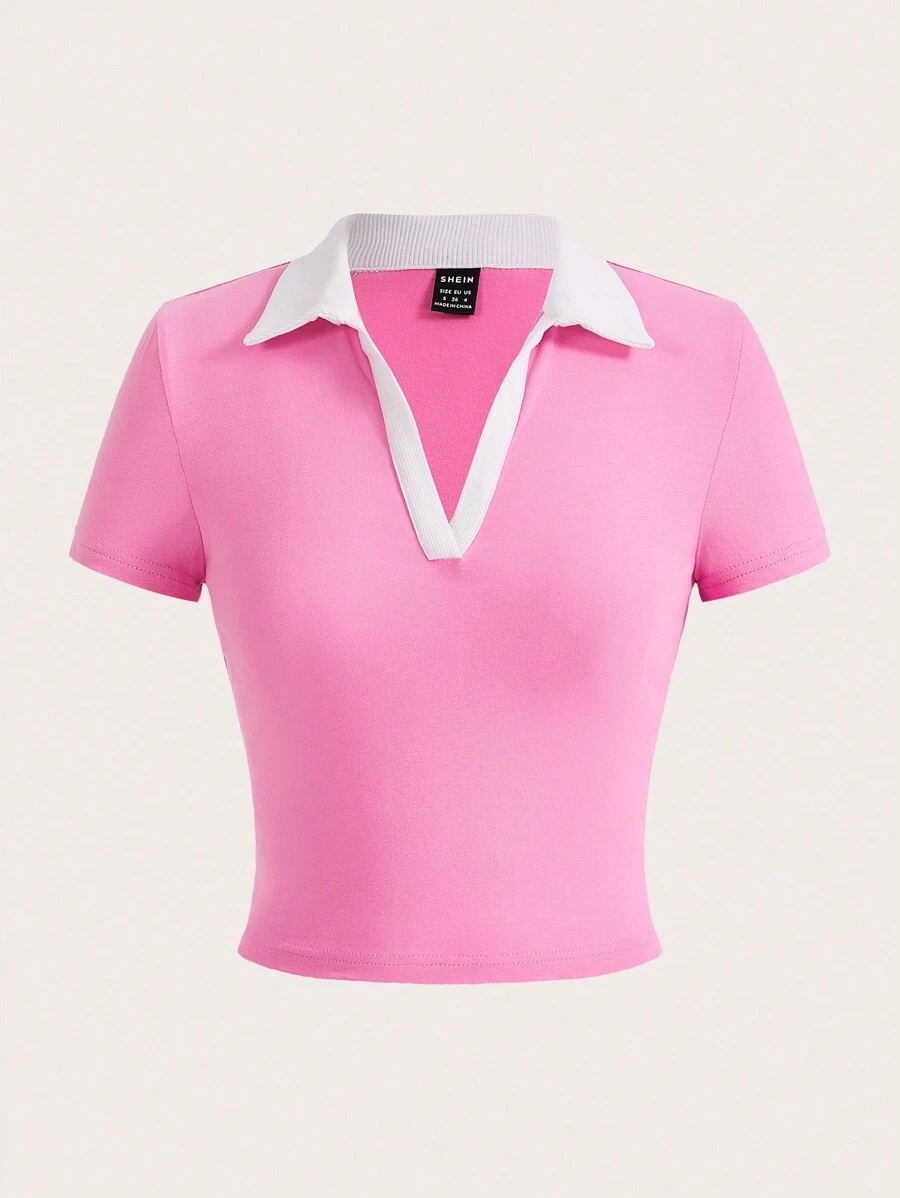SHEIN EZwear Contrast Collar Crop Tee - Pink - View 1