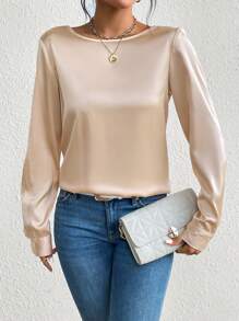 SHEIN Privé 鏈條細節V領襯衫 - 杏色 - 查看 4