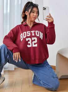 SHEIN EZwear 大碼字母圖案落肩袖1/4拉鍊運動衫 - 紅色 - 查看 1