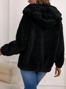 SHEIN 孕婦拉鏈開襟落肩袖連帽毛茸茸夾克 - 黑色 - 查看 2