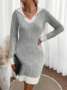 SHEIN LUNE Contrast Trim Cable Knit Contrast Collar Sweater Dress - Grey - View 4