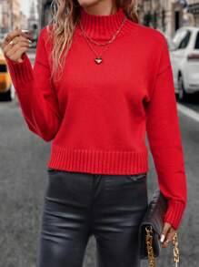 Chiquease Mock Neck Drop Shoulder Sweater For New Year,Long Sleeve Tops Knit Pullover Fall Winter Sweater - Red - View 1