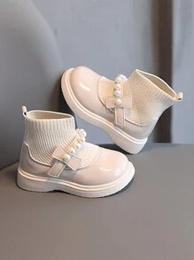 孩子們素色圓頭織物公主靴子適用於小女童,時尚&舒服的,帶人造珍珠裝飾細部,濃烈香調和輕便,理想適用於秋天和冬天 - 米色 - 查看 4