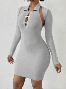 SHEIN Unity 條紋針織吊脖毛衣洋裝&超短版開襟衫 - 灰色 - 查看 5