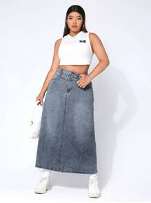 Plus Slant Pocket Denim Skirt - Medium Wash - View 3
