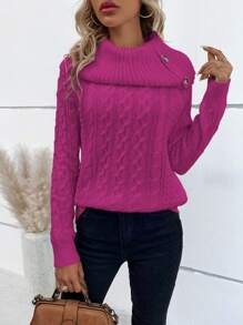 EMERY ROSE Suéter de punto con detalle de botones y mangas raglán para otoño e invierno - Rosa Fucsia - Ver 3