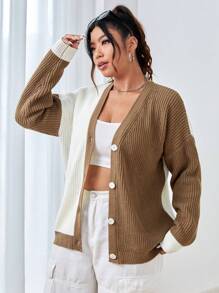 SHEIN EZwear Talla grande Cárdigan de dos tonos de hombros caídos - Marrón - Ver 3