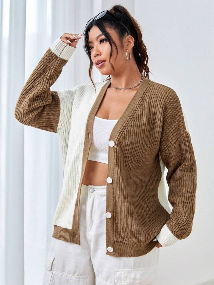 SHEIN EZwear 大碼雙色落肩袖開襟衫 - 棕色 - 查看 3