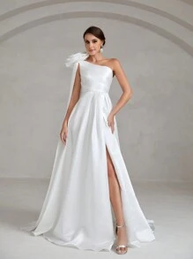 One Shoulder Split Thigh Satin Wedding Dress - White - View 6
