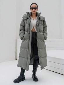 DAZY Drawstring Waist Hooded Puffer Thick Pockets Coat ,Winter Women Clothes,Winter Coat Women - Green - View 5