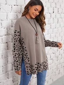 EMERY ROSE Leopard Pattern Drop Shoulder Split Hem Sweater - Multicolor - View 5