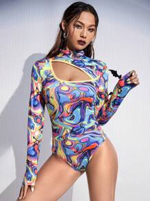 SHEIN Unity Reflective Marble Print Cut Out Mock Neck Bodysuit Fall Cloth For Women - Multicolor - View 4