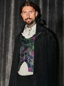 GENTILAND Men Floral Jacquard Chain Detail Cape - Black - View 4