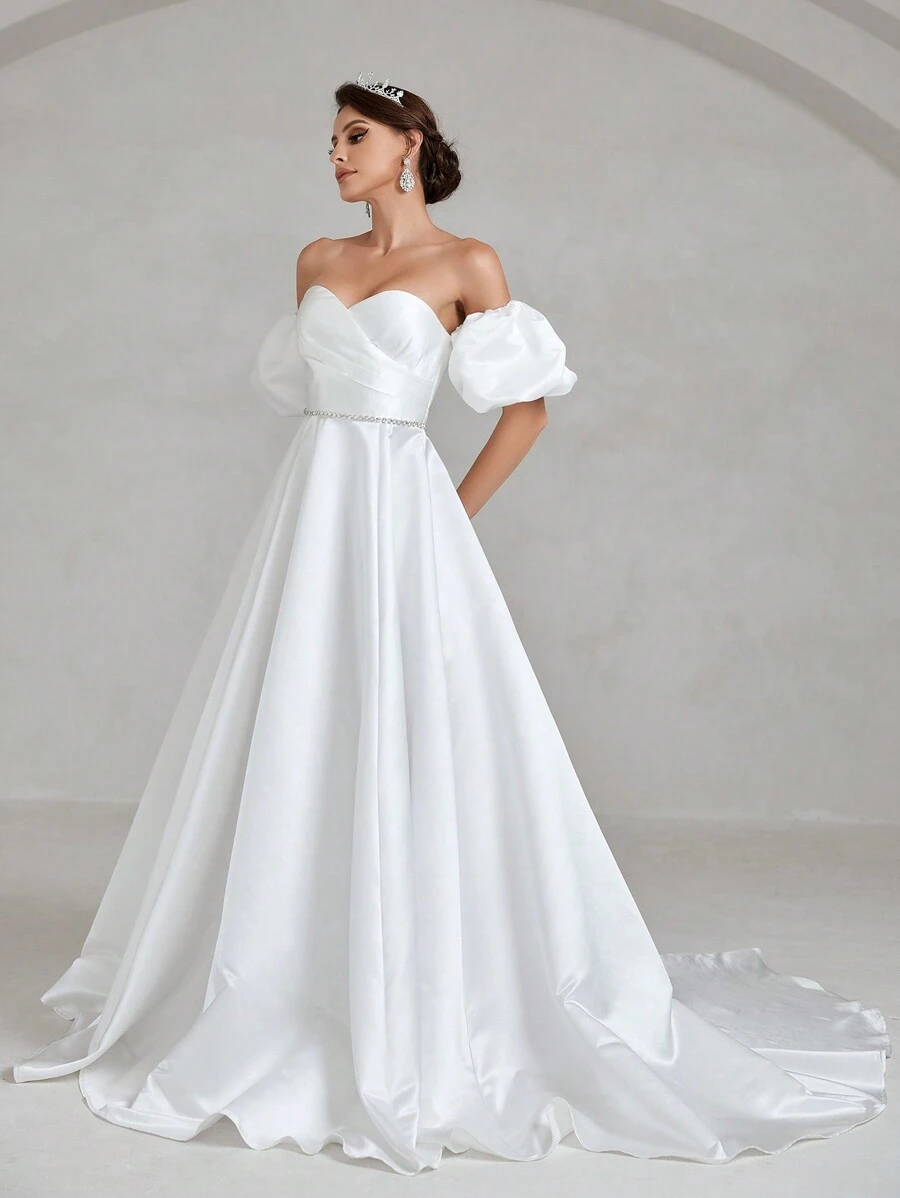 Faeriesty Off Shoulder Puff Sleeve Satin Wedding Dress - White - View 1