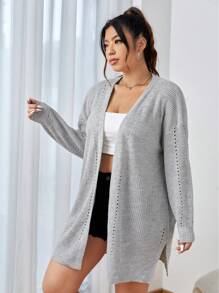 SHEIN EZwear Plus Size Pointelle Knit Drop Shoulder Cardigan - Light Grey - View 1