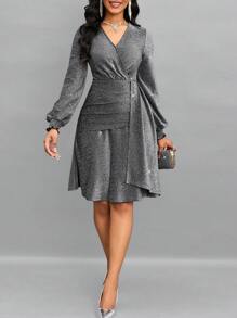 SHEIN Lady Surplice Neck Lantern Sleeve Draped Side Glitter Dress - Silver - View 2