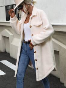 SHEIN Frenchy Thả vai Chi tiết về Flap Áo khoác Teddy - Màu be - Xem 1