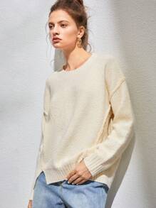 Anewsta 落肩开衩下摆针织套头衫秋冬毛衣 - 杏色 - 查看 4