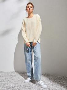 Anewsta 落肩开衩下摆针织套头衫秋冬毛衣 - 杏色 - 查看 6