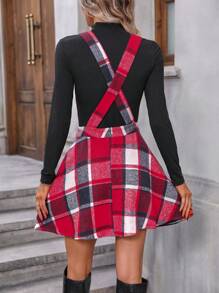 SHEIN LUNE Mock Neck Tee & Plaid Print Suspender Skirt - Red - View 2