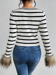 Chiquease 条纹图案毛绒袖口缺口领针织套头衫秋冬毛衣 - 黑與白 - 查看 2