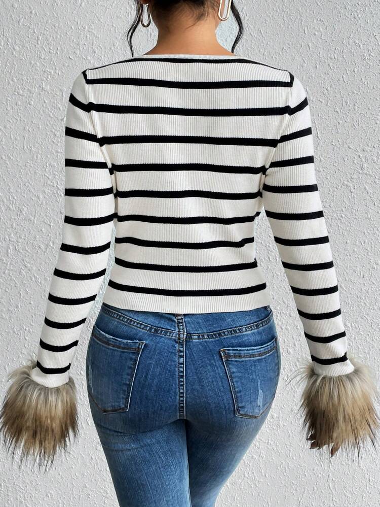 Striped Pattern Fuzzy Cuff Notched Neckline Knit Pullover Fall Winter Sweater