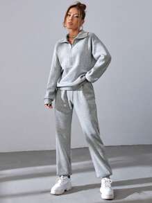 SHEIN EZwear Bộ đồ hai mảnh nữ Túi Dây kéo màu trơn Giải trí - Màu Xám nhạt - Xem 3