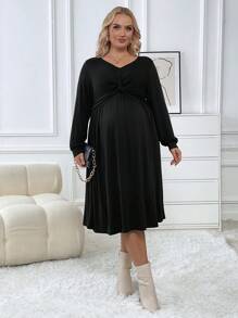 SHEIN 孕婦大碼前扭結洋裝 - 黑色 - 查看 3