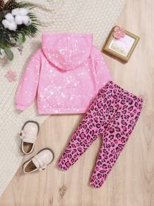 SHEIN Baby Girl Letter & Figure Graphic Hoodie & Leopard Print Leggings - Pink - View 2