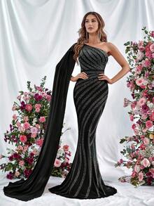 單肩超長袖魚尾裙下擺正式連衣裙 - 黑色 - 查看 6