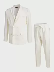 Manfinity VCAY Men Solid Blazer & Seam Detail Suit Pants - White - View 2