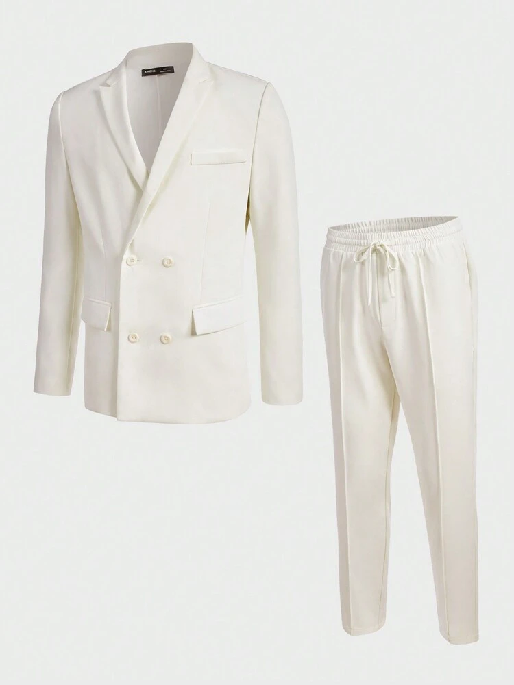 Men Solid Blazer & Seam Detail Suit Pants