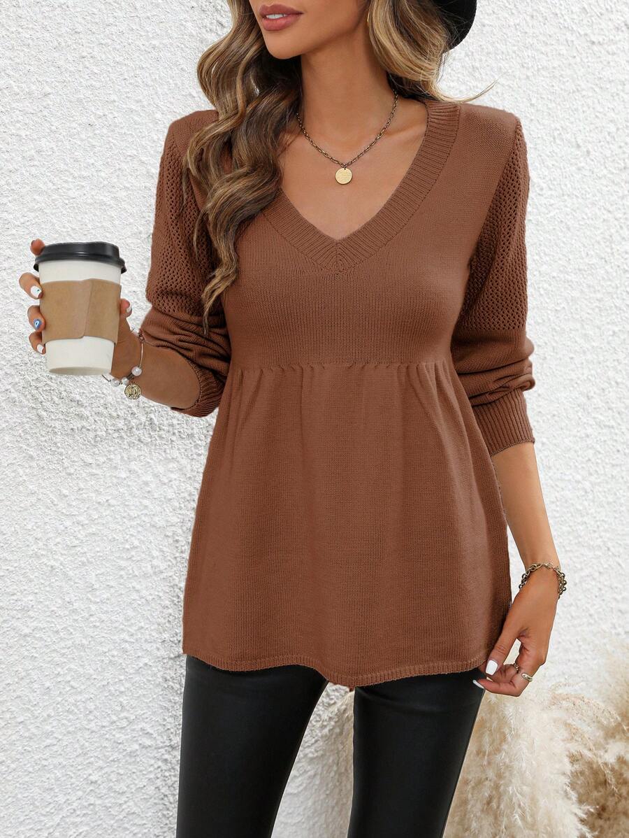 SHEIN LUNE 纯色V领荷叶边针织套头衫秋冬毛衣 - 咖啡棕 - 查看 1