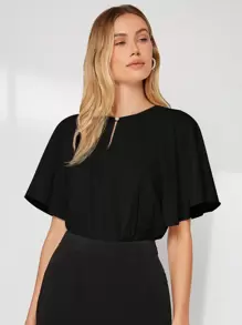 BizChic 女士圆领纽扣装饰镂空蝴蝶袖宽松垂坠衬衫，基础都市通勤风格，简约优雅时尚商务休闲装，适合教师、办公室、婚礼、音乐会等场合。 - 黑色 - 查看 3