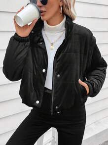 SHEIN LUNE 拉链按扣衬垫大衣 - 黑色 - 查看 4