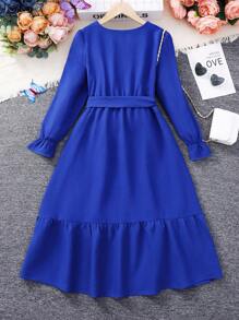 SHEIN Explorewe Tween Girl Flare Sleeve Ruffle Hem Belted Dress - Royal Blue - View 2
